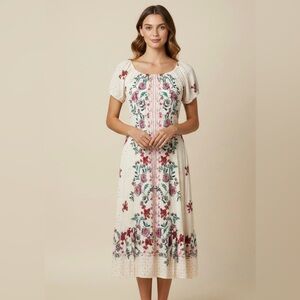 Angie Ivory Maxi Dress with Pink and Green Floral Print.